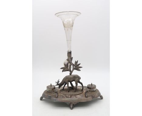 A Victorian EPNS ink stand epergne, by James Deakin &amp; Sons, of shaped form, modelled as a grazing stag, with central etch