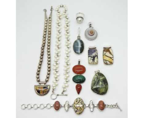 A First Nation 'SuperSmiths Inc' inlaid gem stone pendant and silver bead necklace, a collection of silver and white metal ge