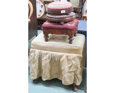 A lot comprising bergere dressing stool with tapestry cushion and three assorted tapestry upholstered footstools and a Orient