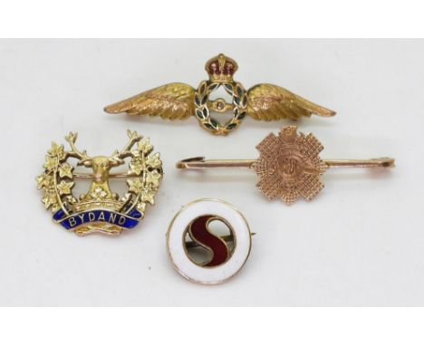 A 9ct gold Gordon Highlanders sweetheart brooch, a Highland Light Infantry Sweetheart brooch, a partial RAF brooch and an ena