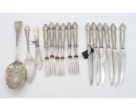 A collection of Art Nouveau silver-handled fruit knives and forks, by&nbsp;W R Humphreys &amp; Co, Sheffield 1905, the blades