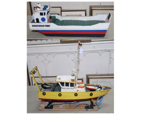 An R/C pond fishing trawler "Paola III, Wismar", measuring approx. 71cm from prow to stern, together with a roughly scratch-b