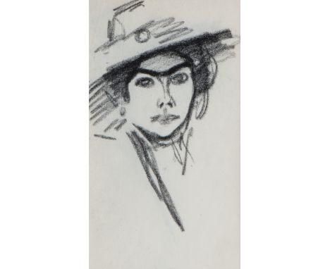 John Duncan Fergusson RBA (British, 1874-1961)Portrait of a lady in a wide-brimmed hat conté20 x 12cm (7 7/8 x 4 3/4in).Footn
