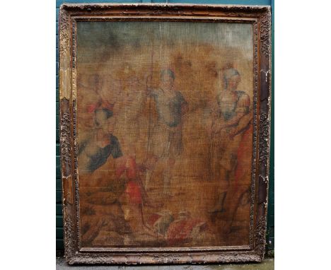 A large 17th Century tapestry cartoon decorated with Roman soldiers and figures, painted on a cotton fabric panel and contain