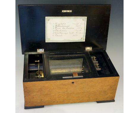 A late 19th Century Swiss musical box playing six airs, 11.5cm wide drum and 11cm comb, side winding handle, the opposing wit