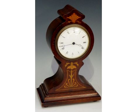 An Edwardian Sheraton revival inlaid mahogany balloon clock, the front with floral and leafy inlay, the cream enamel dial wit