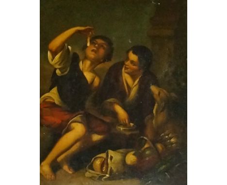 Flemish School, 19th Century - two boys and a dog with basket of fruit and vegetables, oil on tin panel, 20cm x 16cm, framed