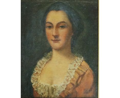 English School, late 19th Century - head and shoulder portrait of a young woman wearing lace trimmed dress, oil on board, 23c
