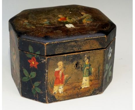 An English Regency octagonal lacquered tea caddy decorated overall with Chinoiserie scenes to lid and sides, the body with fu