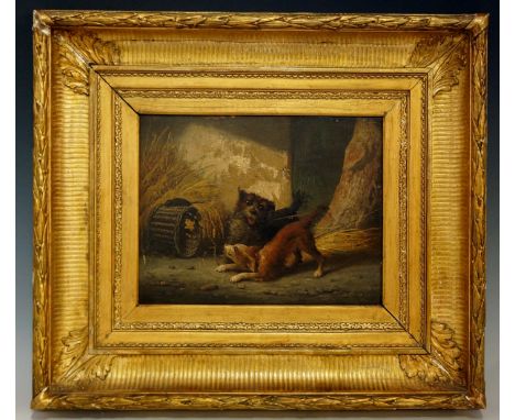 Continental School, 19th Century - Dogs Ratting, oil on mahogany panel, indistinctly signed lower left, 21cm x 27cm, framed
