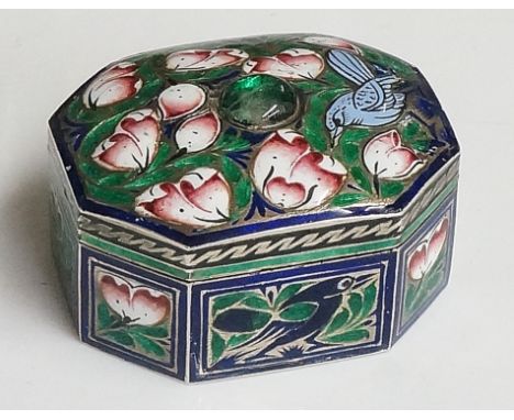 An Indian silver coloured metal and enamel octagonal bonbonnière, the slightly domed top centred on a green glass cabochon, f