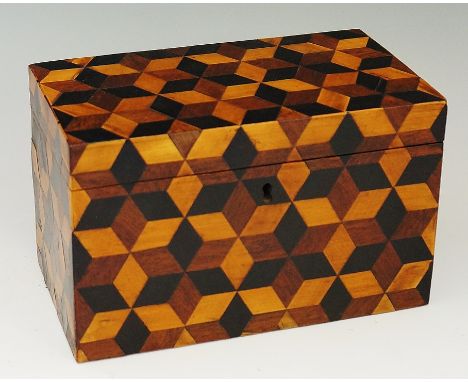 A Victorian parquetry tea caddy, the hinged lid, front and sides inlaid overall with cube parquetry in three coloured woods, 