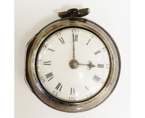 An 18th Century pair cased verge pocket watch, the white enamel dial with Roman and Arabic numerals, pierced blued steel hand