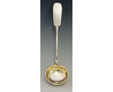 A Russian silver fiddle pattern ladle, gilt bowl, by ПИА, silver mark for Moscow 1882-1899, 31cm long, 229gms (minor faults)