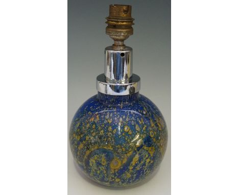 A WMF Ikora glass table lamp, the blue and ochre mottled bubbled ground cased in clear glass, chromium plated fittings, 22cm 
