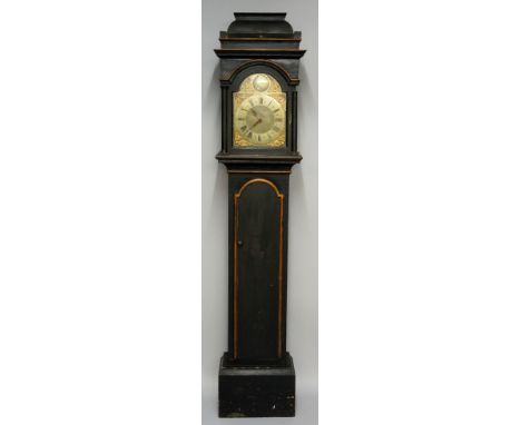 A George II black painted longcase clock, the arched dial inscribed John Thompson, London, within an engraved circle flanked 