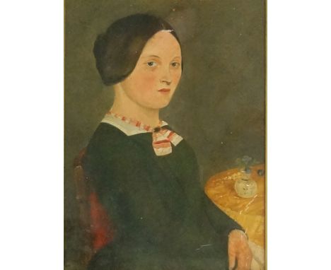 English School, mid 19th Century - primitive portrait of a seated young lady, oil on board, 19cm x 15cm, framed, gilt slip an