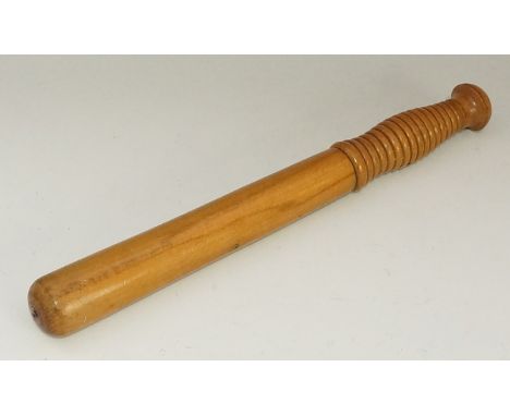 An interesting turned beech truncheon pencil case with ribbed vasular handle and plain pommel, tapered stick, 31cm long overa