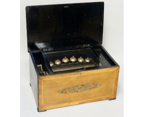 A Victorian Swiss bells-in-sight musical box playing eight airs the 33cm drum and comb numbered 286, side winding handle the 