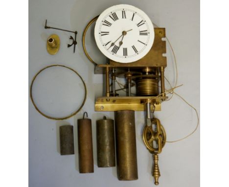 A part clock movement with small white enamel face, Arabic numerals, posted movement with pulley and weights, 34cm wide appro