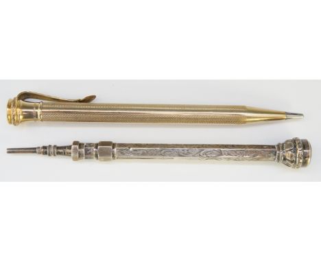 A Victorian foliate engraved pencil of octagonal form, the terminal with hardstone intaglio, 12cm high, indistinct maker's ma