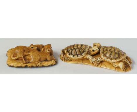 A Japanese netsuke of two terrapins, 6.5cm wide; another of three rats, signed, 4.5cm wide, 20th Century