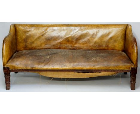 A George III mahogany framed sofa of rectangular outline with swept arms, the back, seat and arms upholstered in leather on a