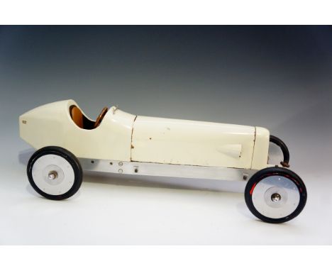 An interesting scratch build model of a racing car, wooden and aluminium with copper engine cover, cream painted, the cockpit