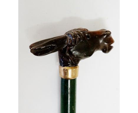 A Victorian child's swagger stick, the horn terminal carved as a mule's head, black glass eyes, gold coloured metal collar, p