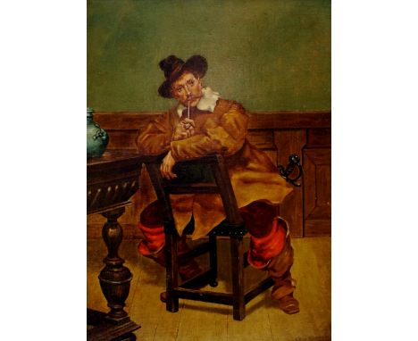 Edgar Bundy - soldier seated smoking a pipe in panelled interior, oil on canvas, signed lower right 1887, 37cm x 27cm, framed