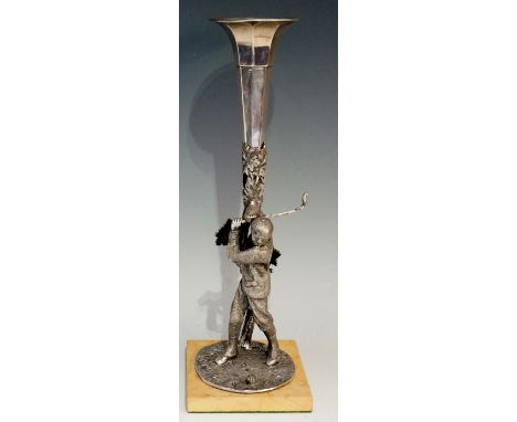 A silver plated spill vase, the base cast as a golfer taking a swing before a trunk, replaced silver plated trumpet shaped va