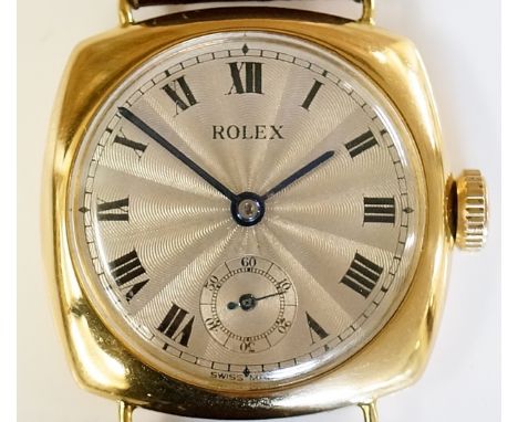 Rolex - a rare 18ct gold Gent's Art Deco Rolex Cushion Oyster with circular engine turned dial, Arabic numerals and subsidiar