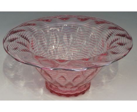 A large diamond moulded bowl with ruby striped filigrana decoration, smoothed pontil scar, by Stevens and Williams, 13cm high