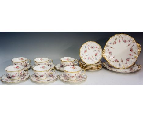 A Royal Crown Derby Royal Antoinette pattern tea service for six comprising: two shaped circular two-handled plates, six cups