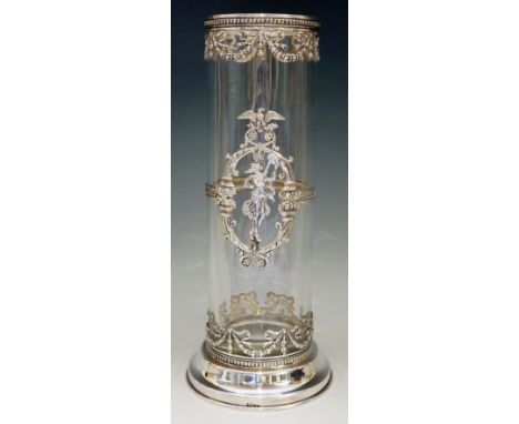 A large cylindrical crystal glass vase with silver mounts, central decoration depicting dancing girl with tambourine encircle