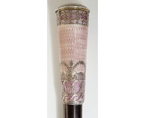 A Briggs of London walking stick, the large two-tone engine turned lilac enamel and silver coloured metal handle overlaid wit