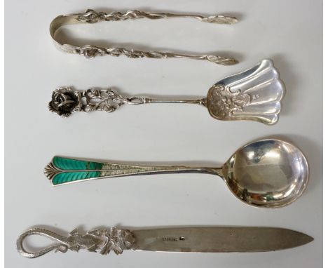 A small collection of silver items to include: a pair of sugar tongs, twining leaf and rose design, stamped ALEO, W.Germany, 