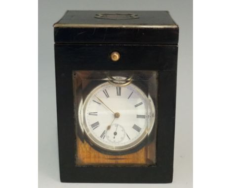 A Continental silver coloured metal keyless lever pocket watch with engine turned case, the white enamel dial with Roman nume