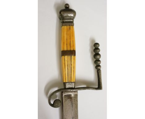 A spadroon hilted sword with chamfered pommel, fluted ivory grip with copper oval cartouche engraved with crown above floral 