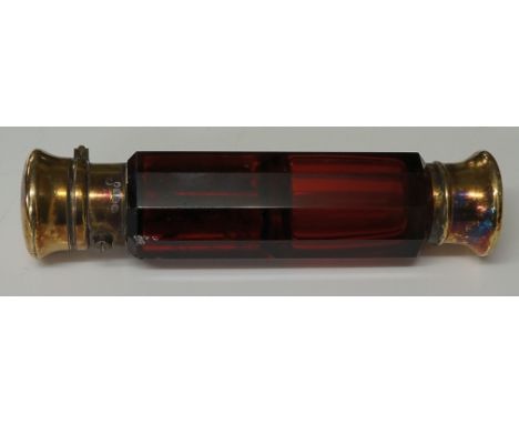 Sampson Mordan & Co  - A Victorian faceted decagonal silver gilt topped ruby glass double scent bottle, one side with screw c