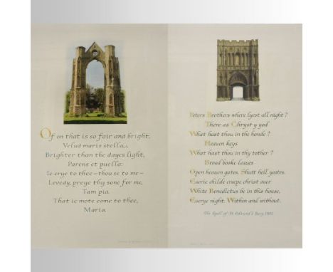 Denzil J.G. Reeves, 1926-2008, two illuminated calligraphies, The Spell of St. Edmund's Bury 1502, with a view of Bury St. Ed