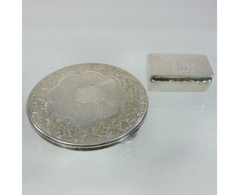 A Victorian silver stamp box, of hinged rectangular shape, with two compartments inside, Birmingham 1898, together with a sil