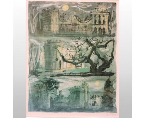 John Piper, 1903-1992, Clytha Castle, triptych, coloured print, signed in pen to the margin, by the artist, 52 x 42cm 