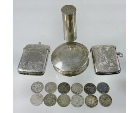 An 18th century silver snuff box, of hinged circular shape, marks rubbed, 5cm diameter, together with a Victorian cylindrical