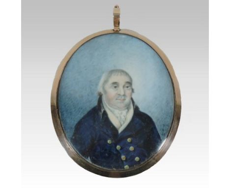 English School, 19th century, a miniature memorial portrait of a gentleman, wearing a blue coat, inscribed TA 1803-1863, on i