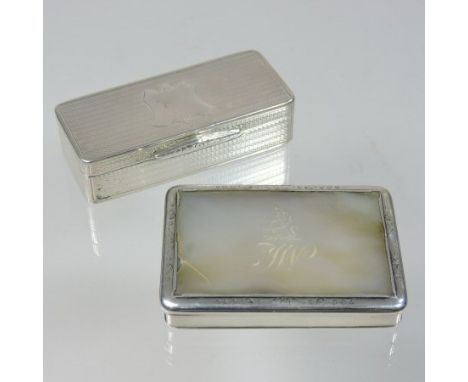 An Edwardian silver snuff box, of rectangular shape, with engine turned decoration, Birmingham 1901, 8cm wide, together with 