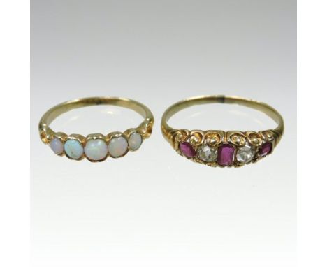 An unmarked opal five stone ring, together with a ruby and diamond five stone ring (2)