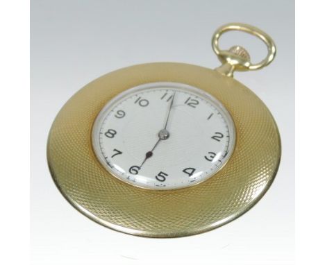 An early 20th century 18 carat gold cased pocket watch, the dial with Arabic hours, the hinged case with engine turned decora