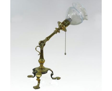 An Arts and Crafts brass angle poise table lamp, in the manner of W.A.S. Benson, stamped OSLER, with a frilled vaseline glass