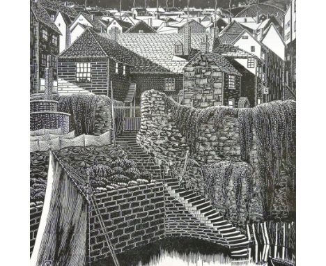 Claughton Pellew, 1890-1966, sunset over trees and cottages, woodcut print, 20 x 25cm, together with four various views by th